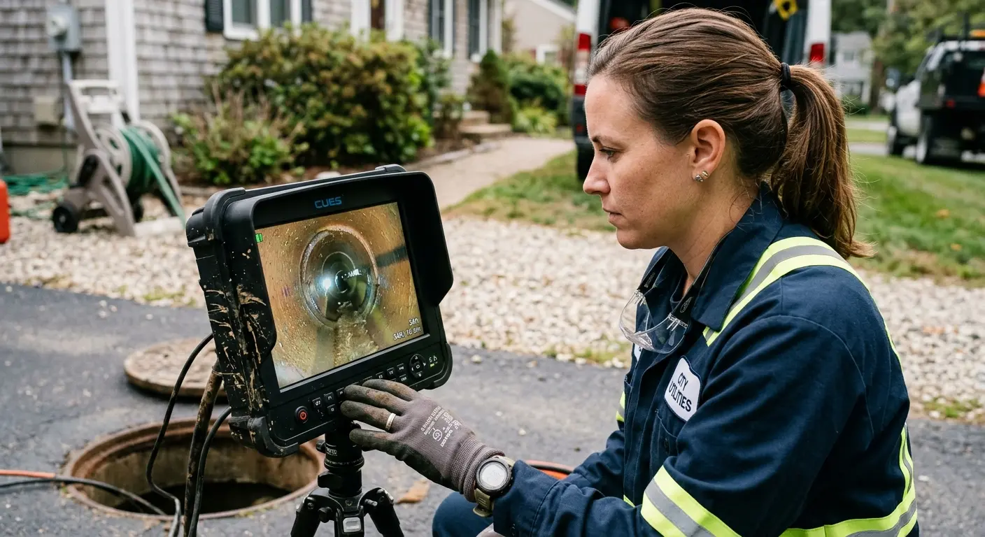 Technician reviewing sewer camera inspection footage in Centerton