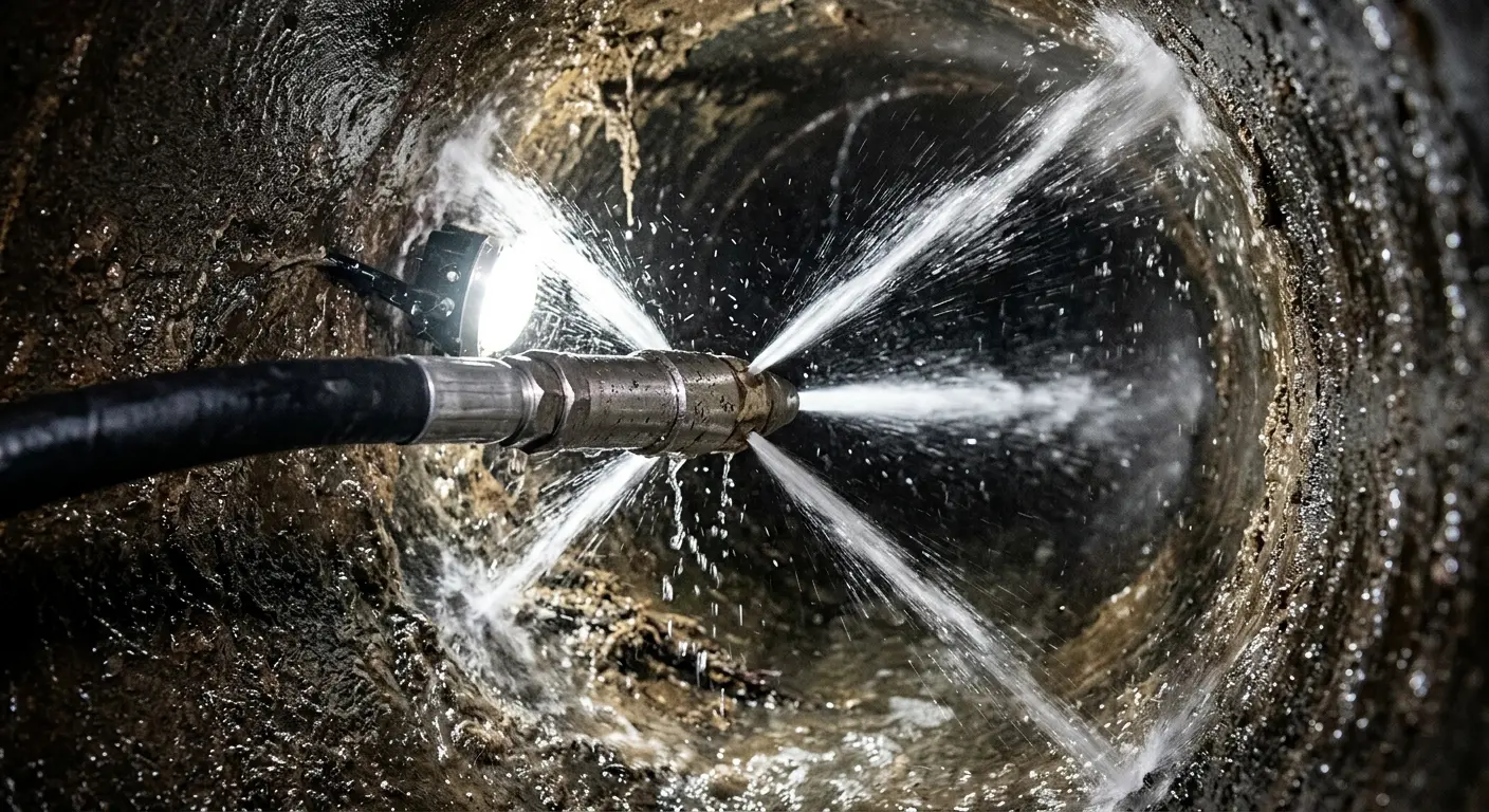High-pressure hydro jetting nozzle cleaning sewer pipe for Sewer Cleanout in Centerton