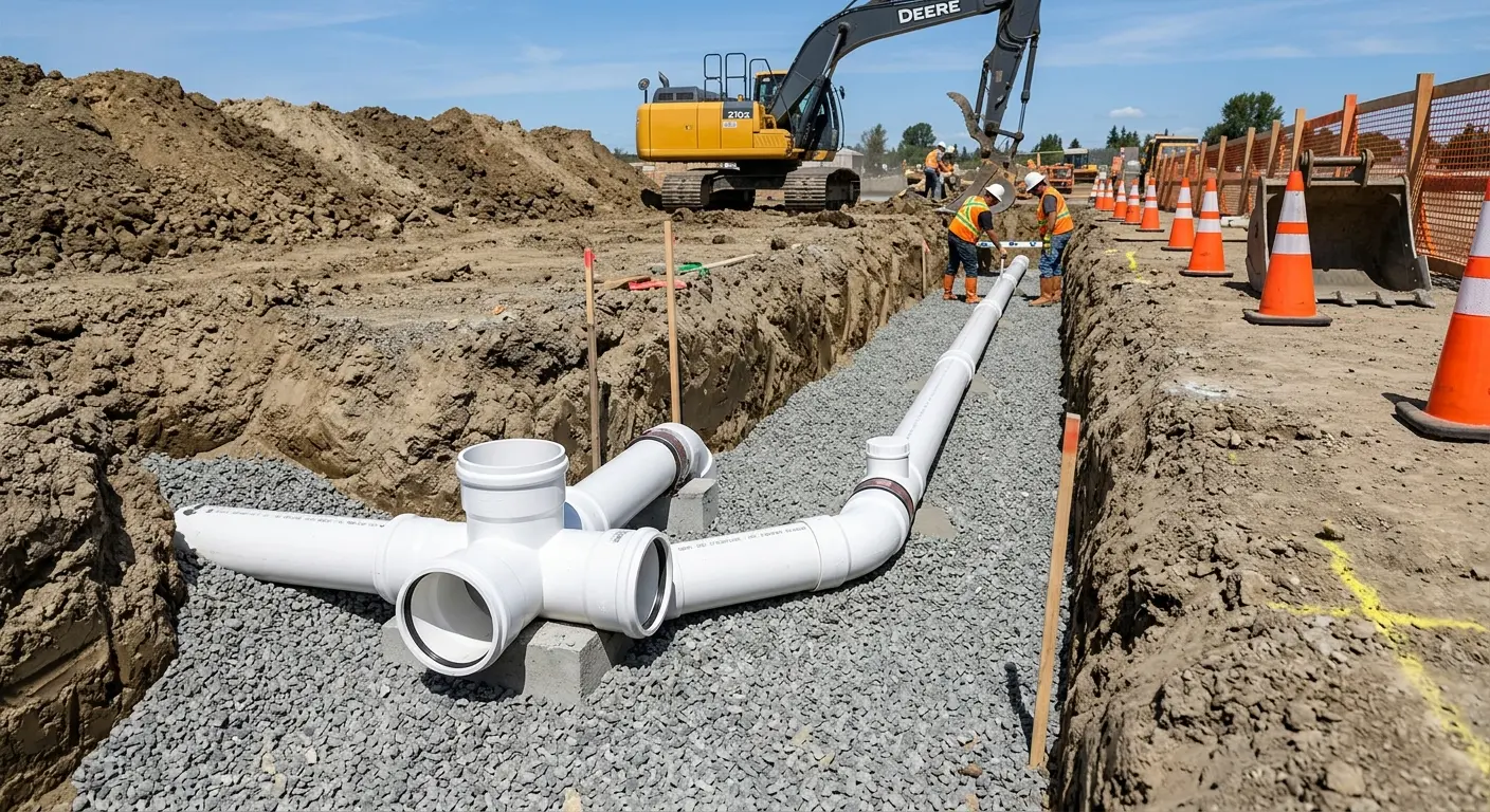 New PVC sewer pipe installation in open trench for Commercial Drain Cleaning in Centerton